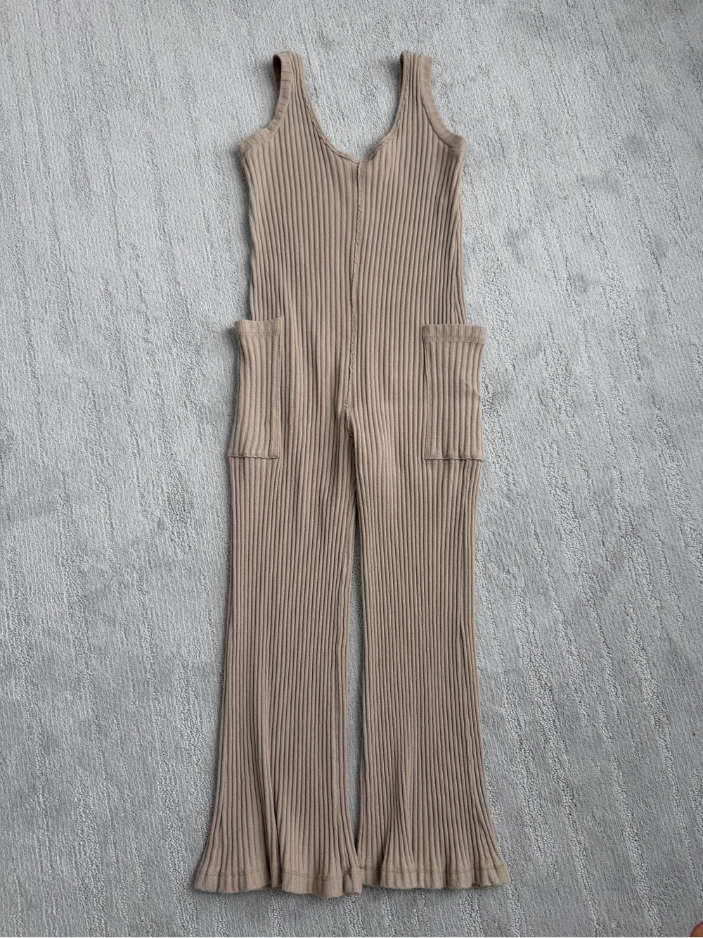 Treasure & Bond Taupe Ribbed Wide-Leg Sleeveless Jumpsuit